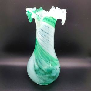 Hand Blown Glass Vase Ruffle Edge Green White Swirl Blue Brown Mix